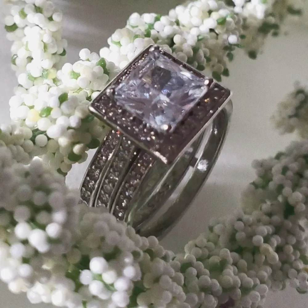 Princess Cut 2 Ct. Clear White Diamond Wedding Ring 14K White Gold 925 on Silver